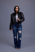 Women's Evie Cropped Pony And Leather Bomber Jacket [Black/Black]