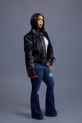 Women's Evie Cropped Pony And Leather Bomber Jacket [Black/Black]