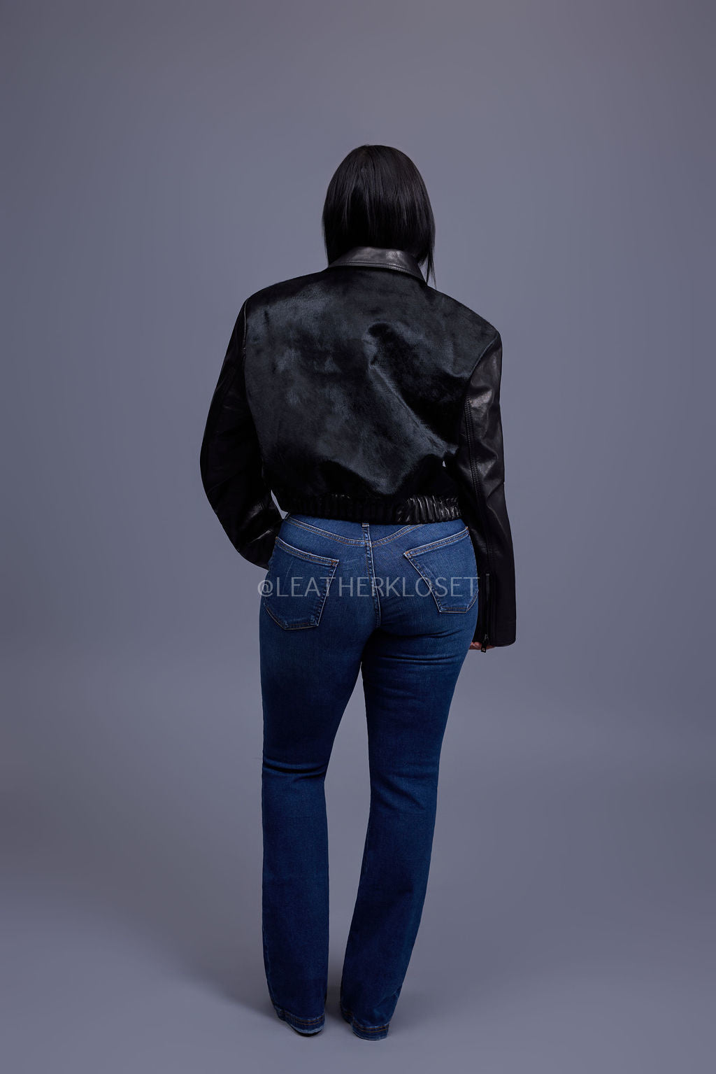 Women's Evie Cropped Pony And Leather Bomber Jacket [Black/Black]