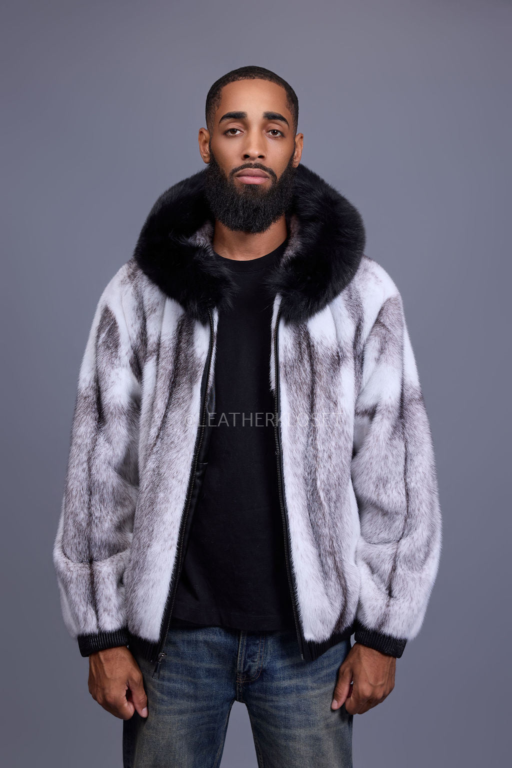 Men's Mink Bomber Jacket With Fox Hood [Arctic/Black]