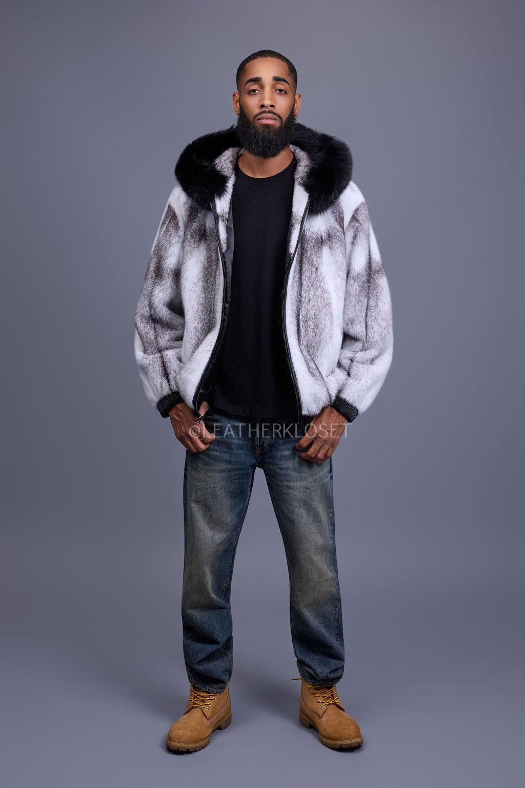 Men's Mink Bomber Jacket With Fox Hood [Arctic/Black]