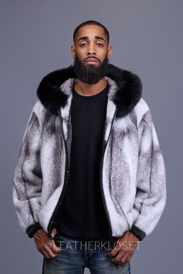 Men's Mink Bomber Jacket With Fox Hood [Arctic/Black]