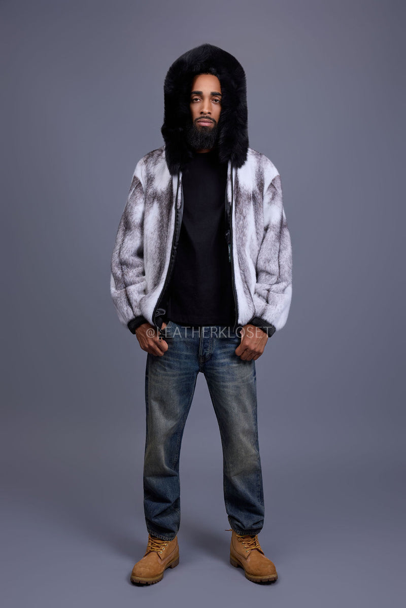 Men's Mink Bomber Jacket With Fox Hood [Arctic/Black]