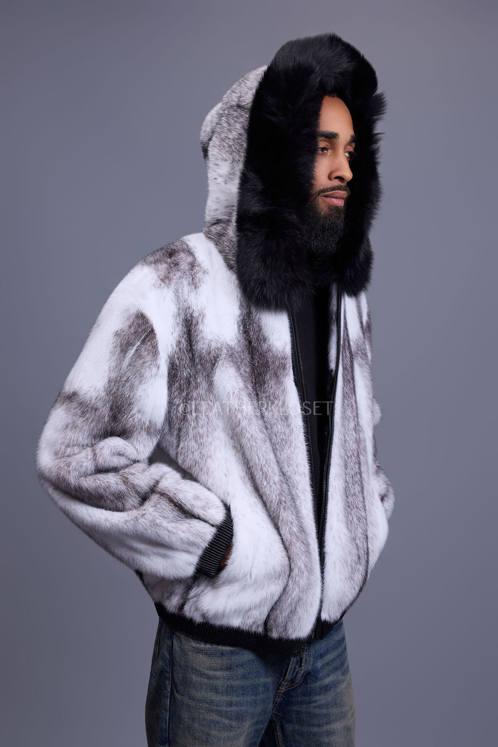 Men's Mink Bomber Jacket With Fox Hood [Arctic/Black]