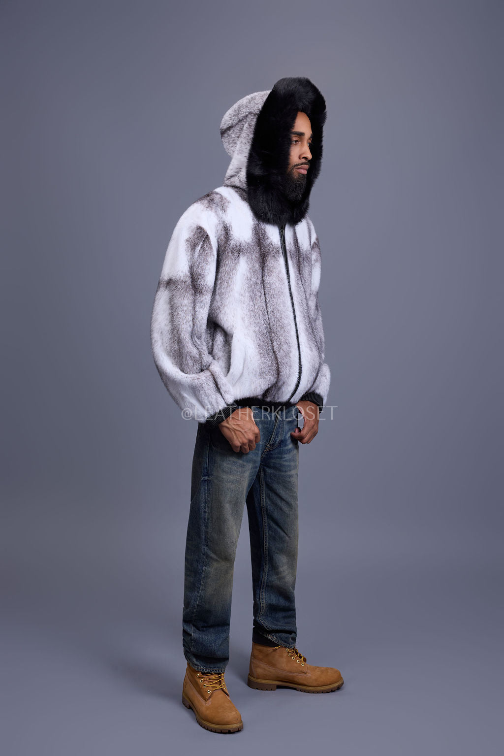 Men's Mink Bomber Jacket With Fox Hood [Arctic/Black]