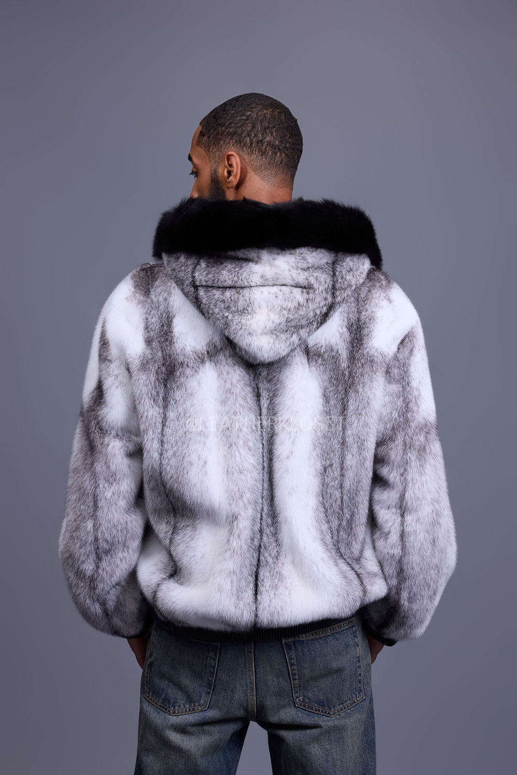 Men's Mink Bomber Jacket With Fox Hood [Arctic/Black]