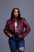 Women's Evie Cropped Pony And Leather Bomber Jacket [Burgundy]