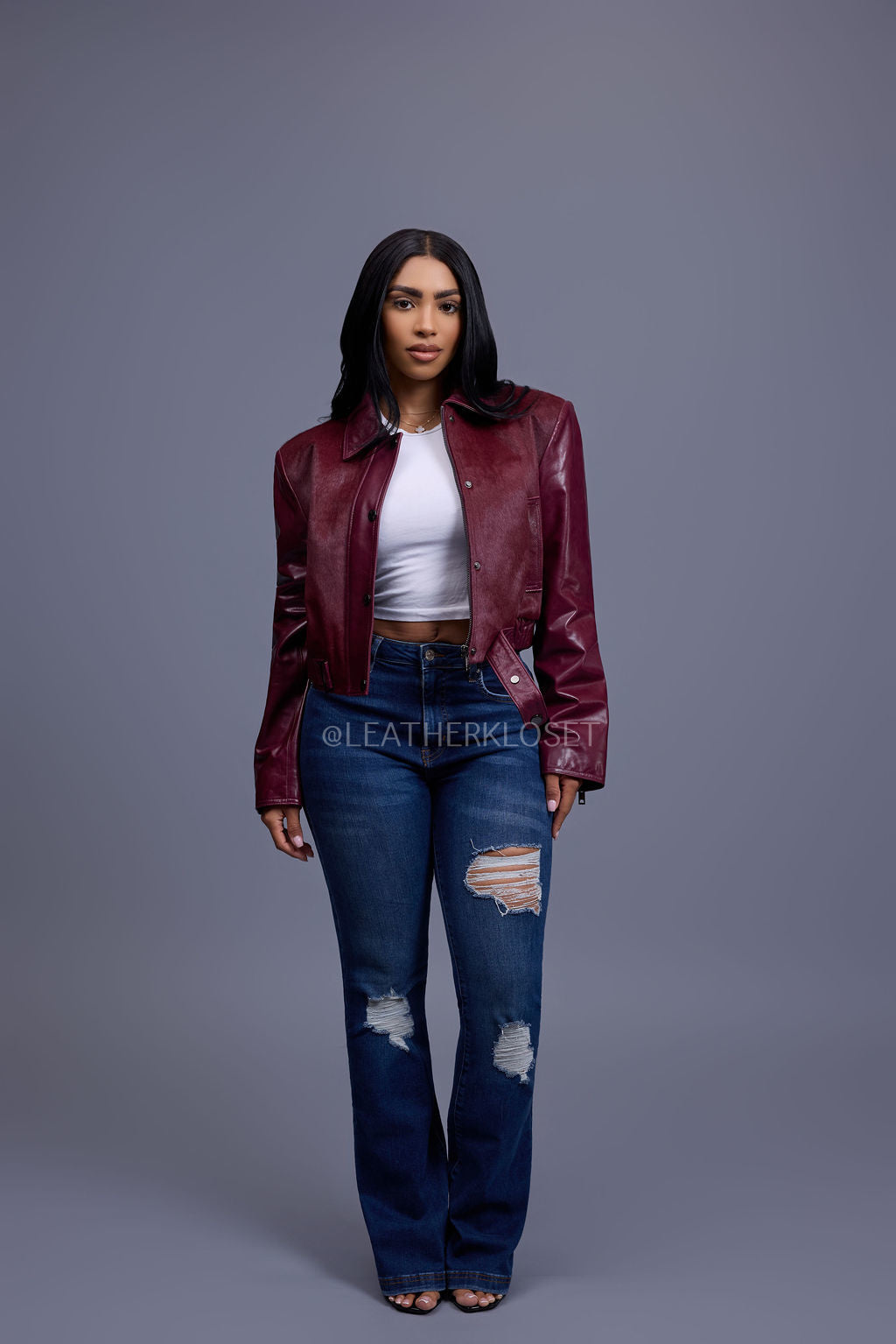 Women's Evie Cropped Pony And Leather Bomber Jacket [Burgundy]