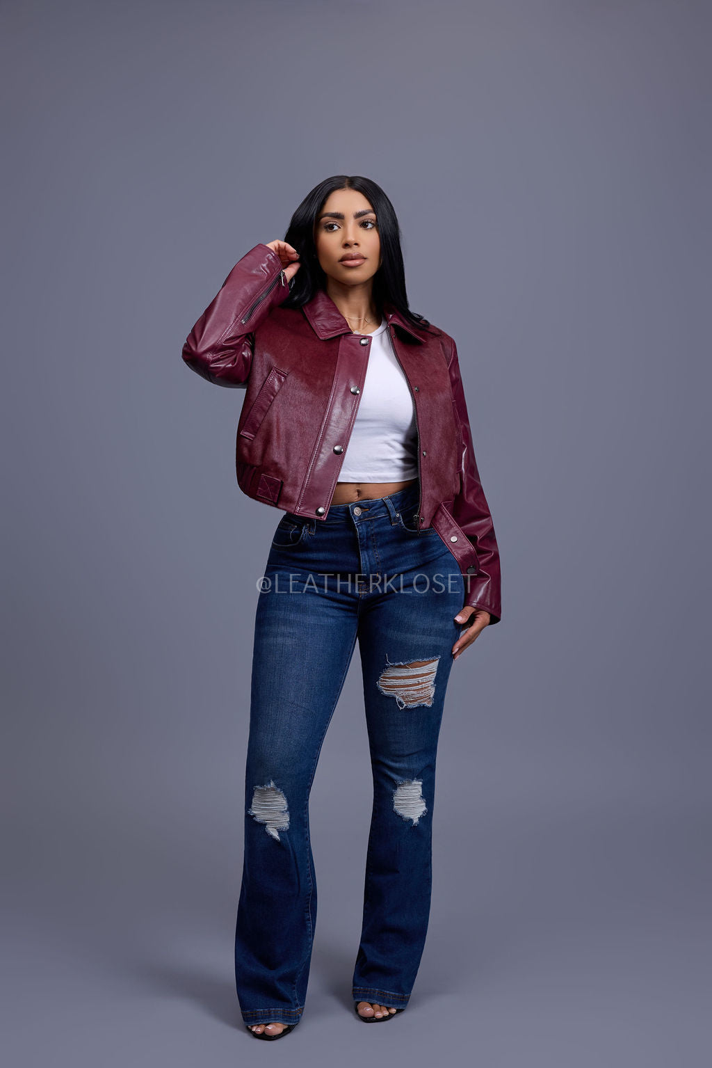 Women's Evie Cropped Pony And Leather Bomber Jacket [Burgundy]