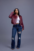 Women's Evie Cropped Pony And Leather Bomber Jacket [Burgundy]