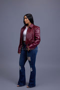 Women's Evie Cropped Pony And Leather Bomber Jacket [Burgundy]