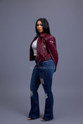 Women's Evie Cropped Pony And Leather Bomber Jacket [Burgundy]