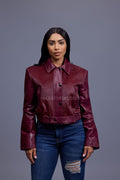Women's Evie Cropped Pony And Leather Bomber Jacket [Burgundy]