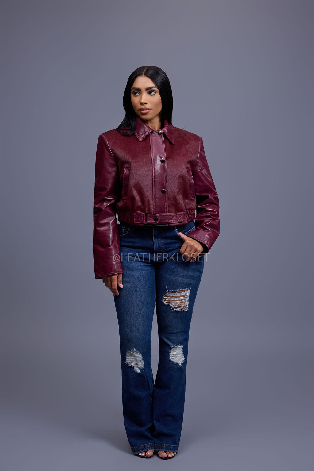 Women's Evie Cropped Pony And Leather Bomber Jacket [Burgundy]