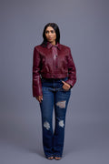 Women's Evie Cropped Pony And Leather Bomber Jacket [Burgundy]