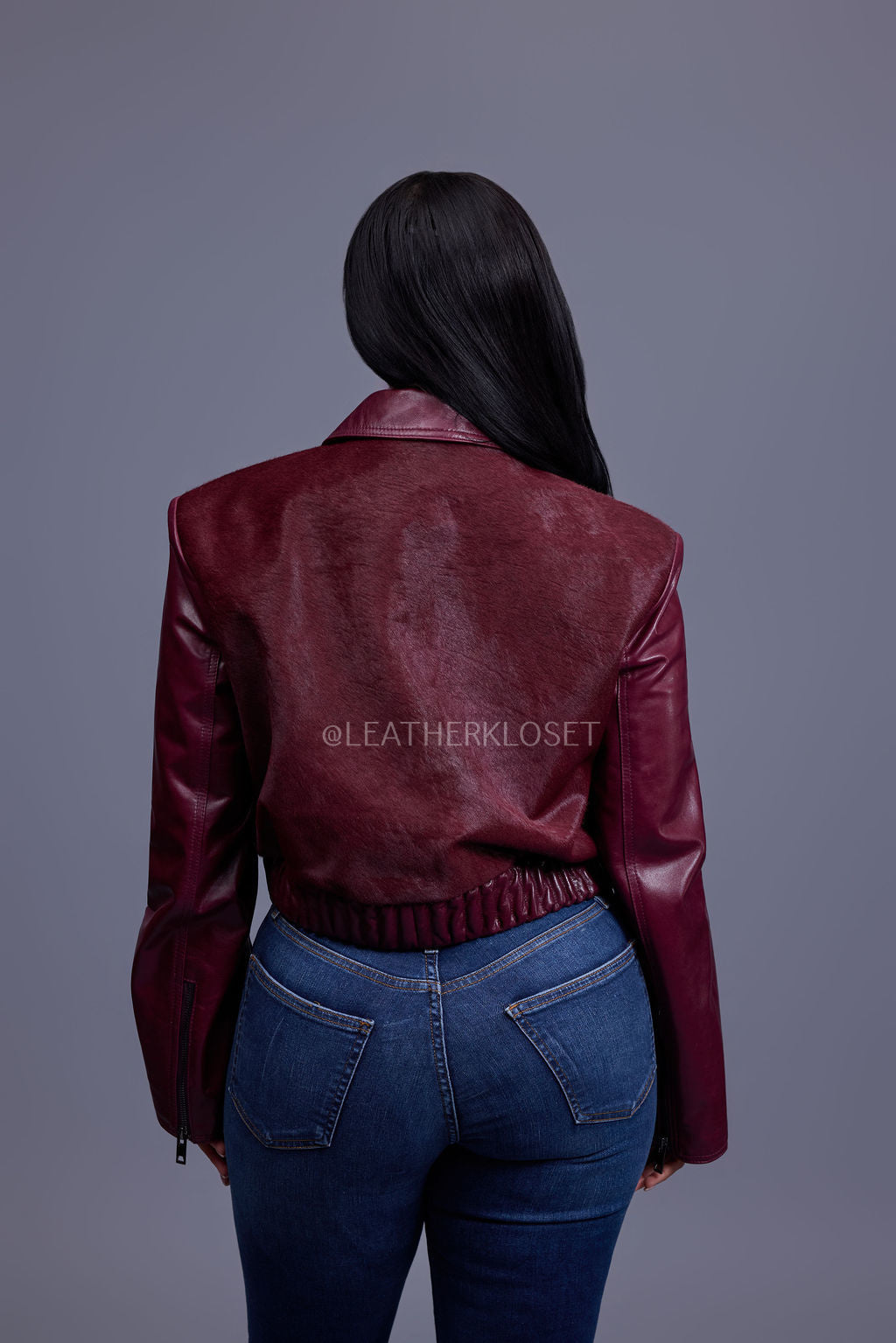 Women's Evie Cropped Pony And Leather Bomber Jacket [Burgundy]