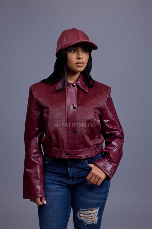 Women's Evie Cropped Pony And Leather Bomber Jacket [Burgundy]