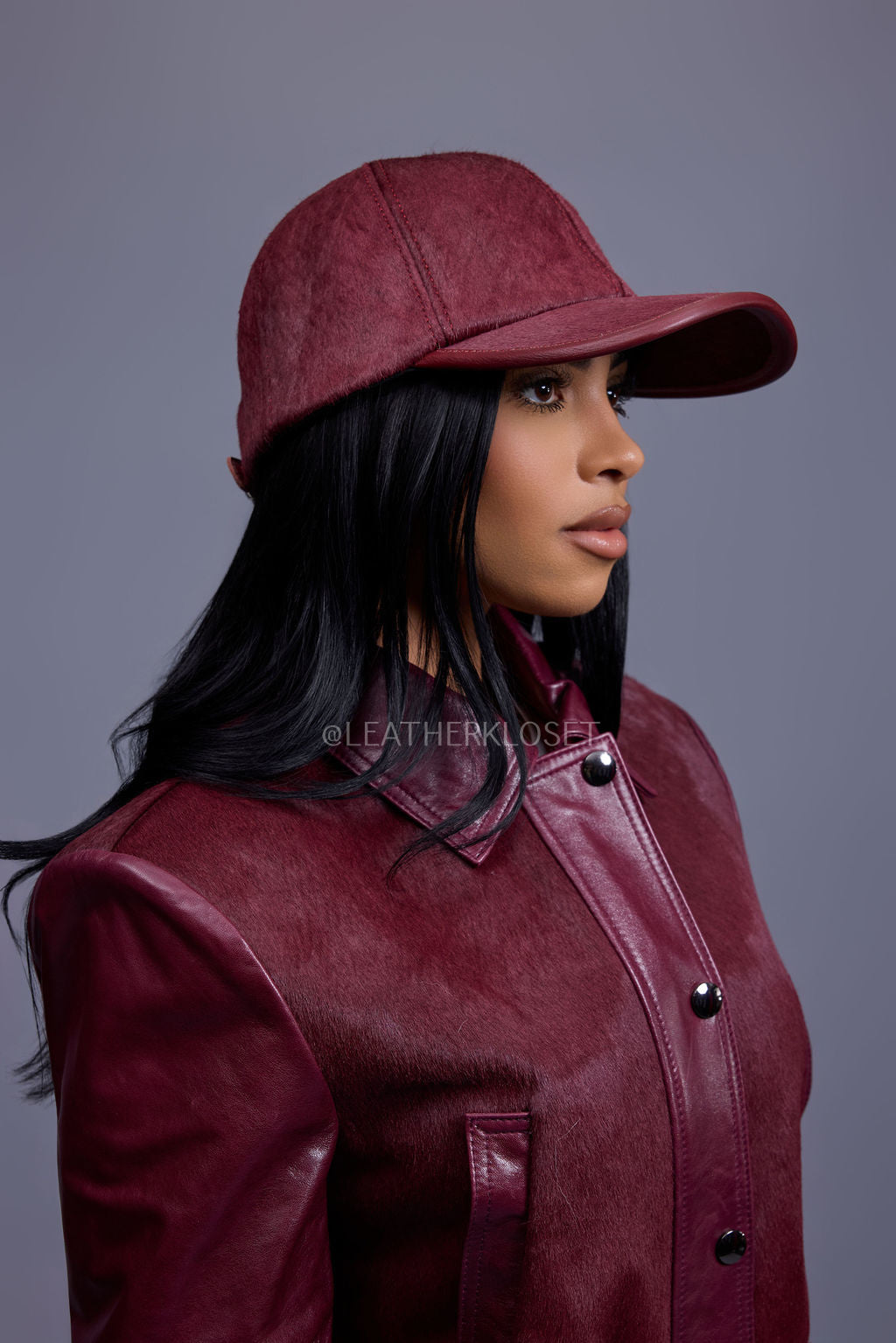 Women's Evie Cropped Pony And Leather Bomber Jacket [Burgundy]