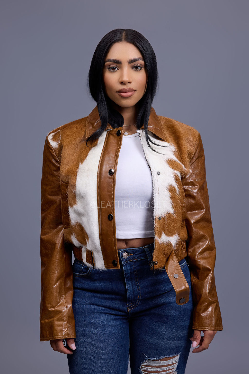 Women's Evie Cropped Pony And Leather Bomber Jacket [Natural]