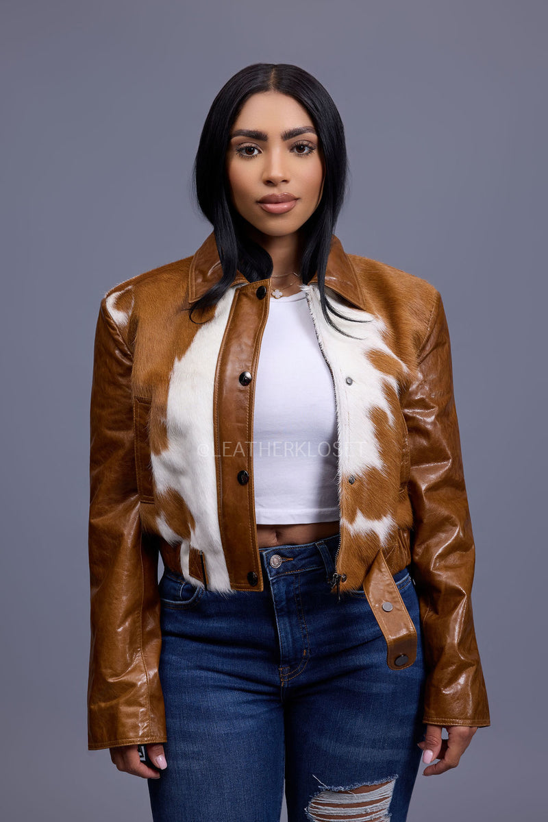 Women's Evie Cropped Pony And Leather Bomber Jacket [Natural]