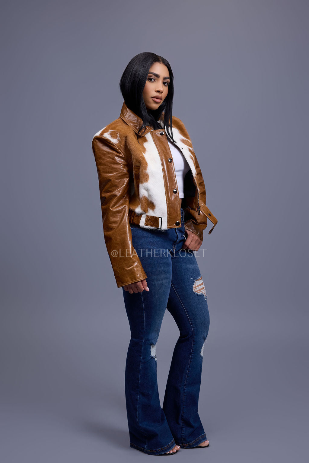 Women's Evie Cropped Pony And Leather Bomber Jacket [Natural]