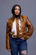 Women's Evie Cropped Pony And Leather Bomber Jacket [Natural]