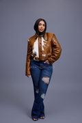 Women's Evie Cropped Pony And Leather Bomber Jacket [Natural]