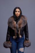 Women's Griselda Leather And Fox Combo Jacket [Black/Crystal]
