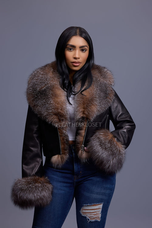 Women's Griselda Leather And Fox Combo Jacket [Black/Crystal]