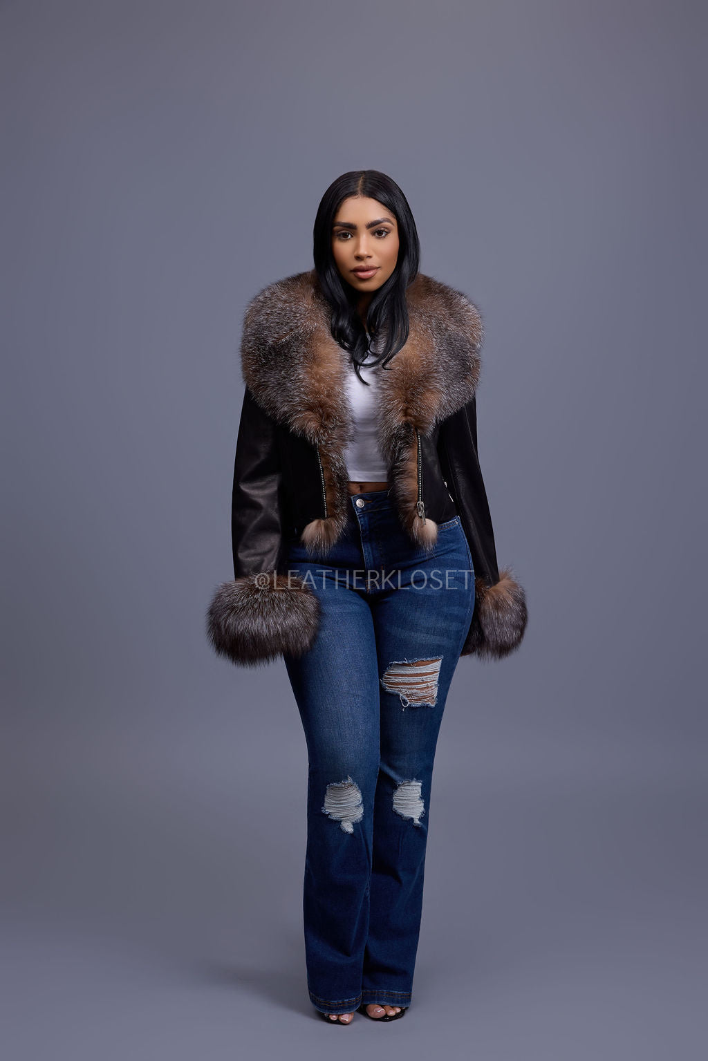 Women's Griselda Leather And Fox Combo Jacket [Black/Crystal]