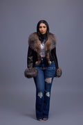 Women's Griselda Leather And Fox Combo Jacket [Black/Crystal]