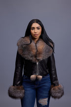 Women's Griselda Leather And Fox Combo Jacket [Black/Crystal]
