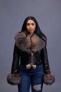 Women's Griselda Leather And Fox Combo Jacket [Black/Crystal]