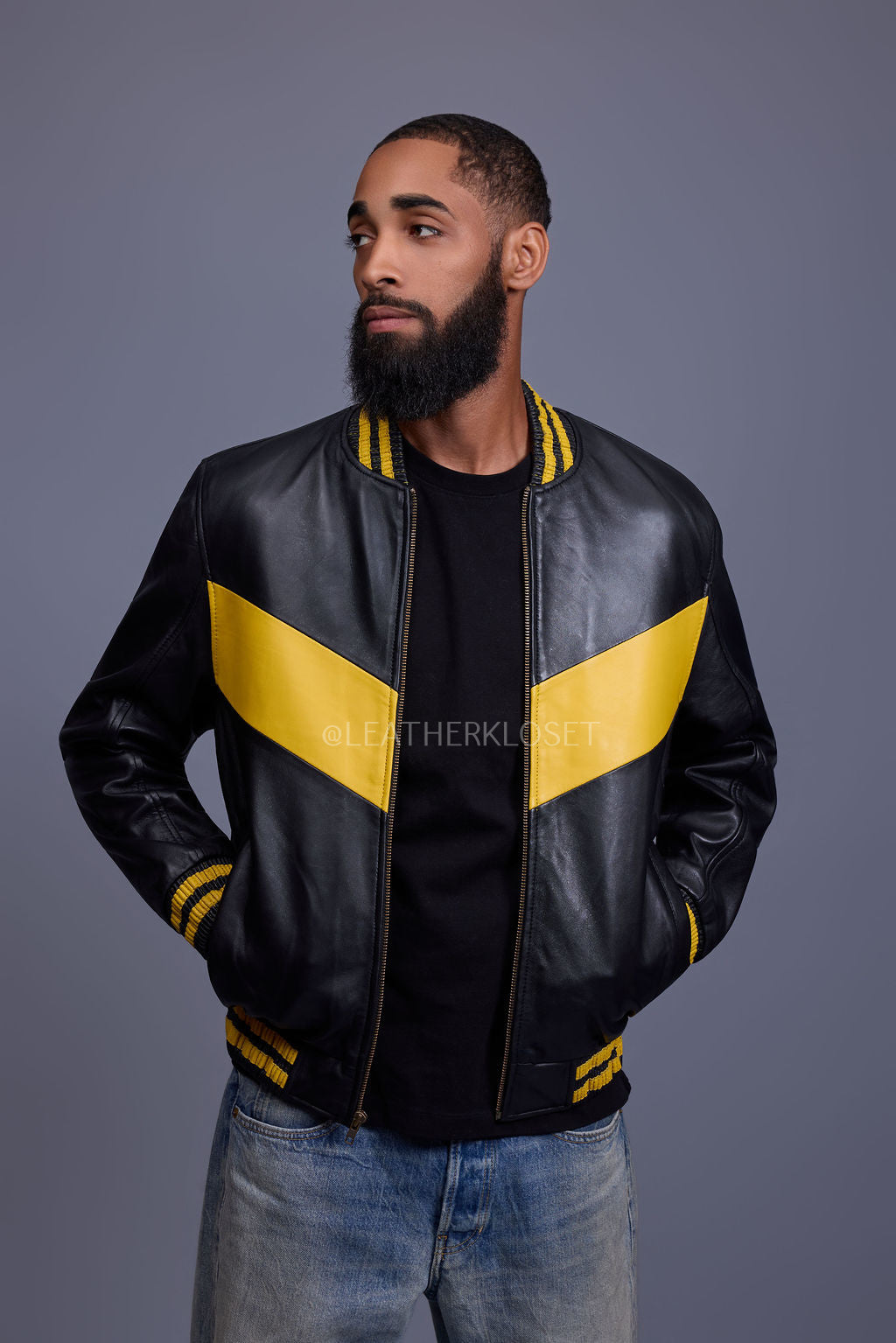 Men's V Baseball Jacket [Black/Yellow]