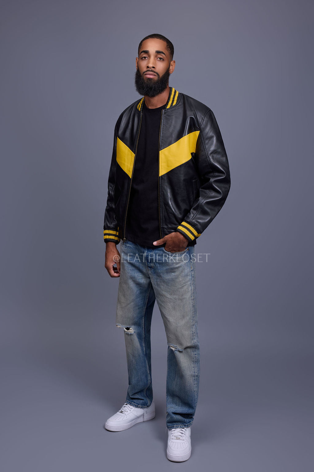 Men's V Baseball Jacket [Black/Yellow]