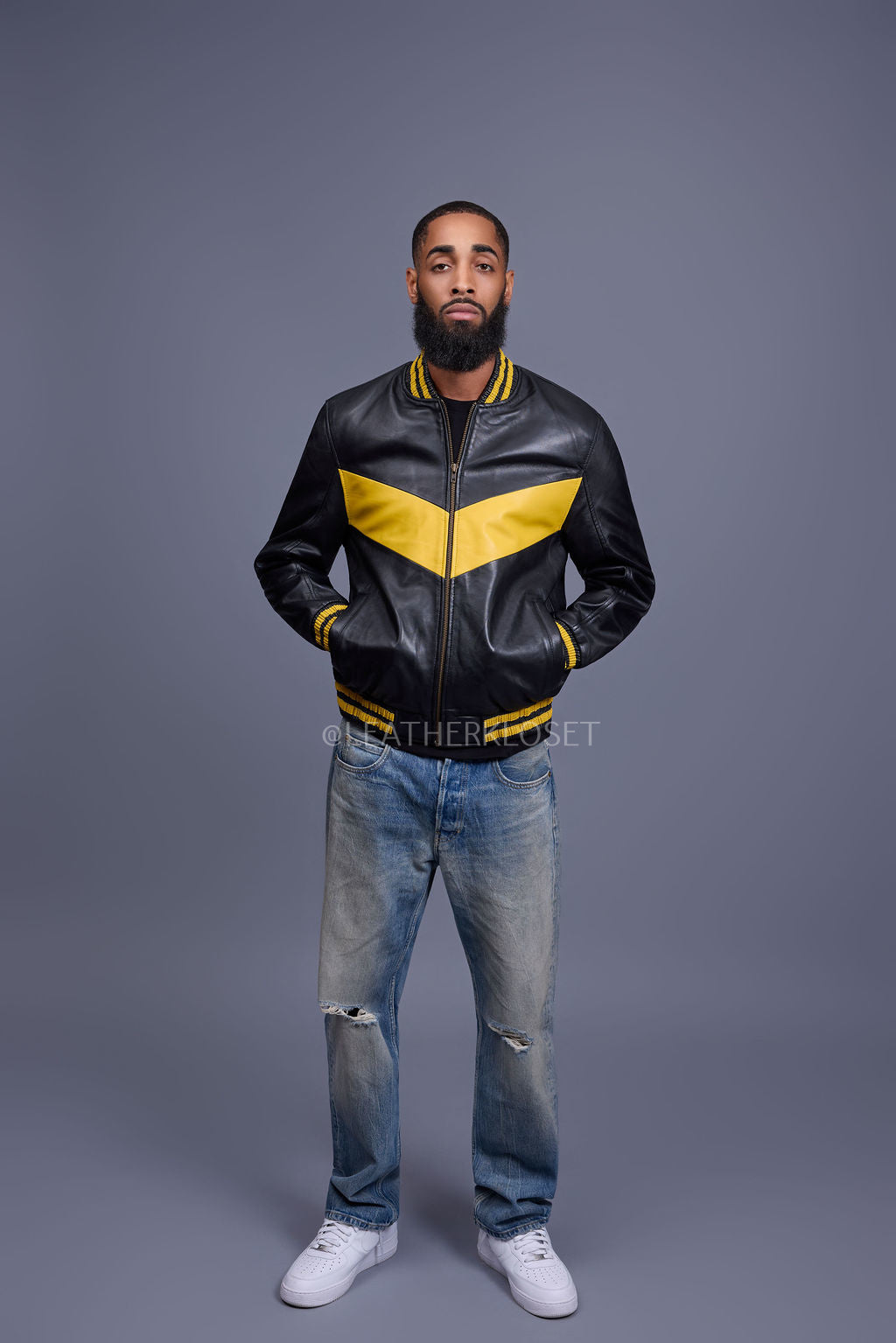 Men's V Baseball Jacket [Black/Yellow]