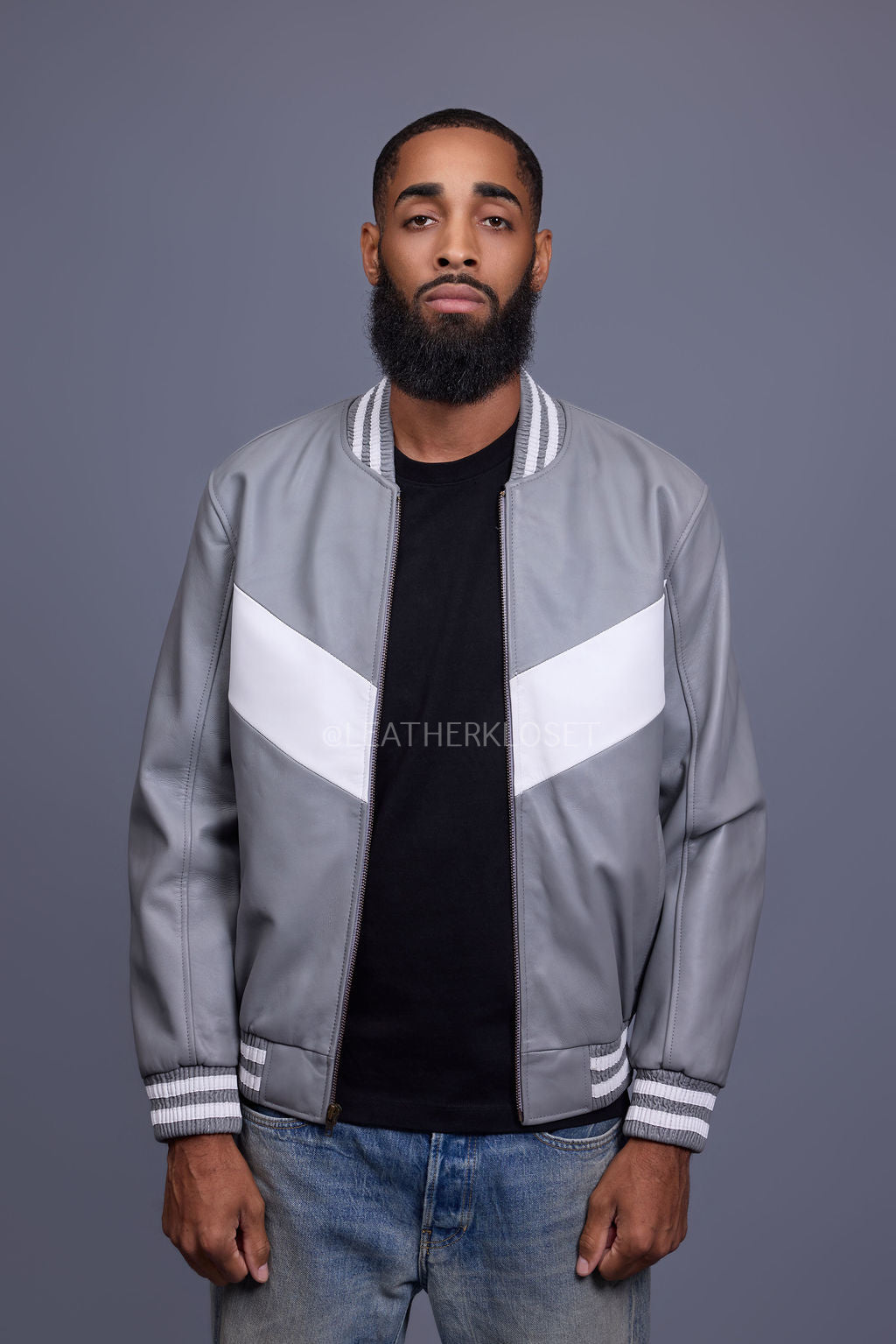 Men's V-Baseball Jacket [Grey/White]