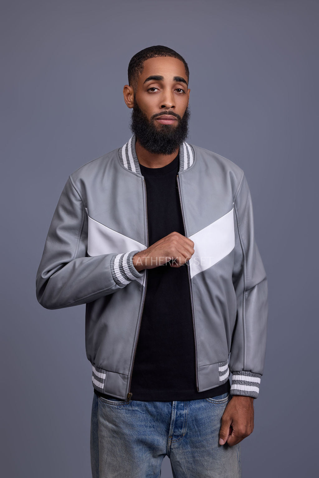 Men's V-Baseball Jacket [Grey/White]