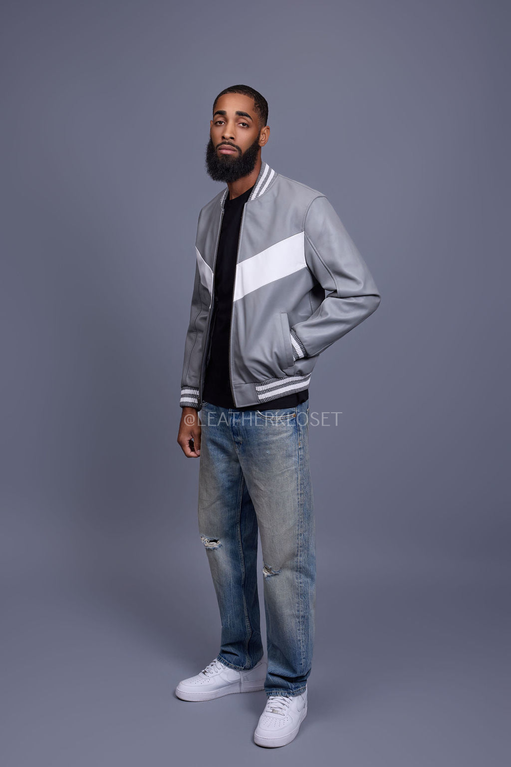 Men's V-Baseball Jacket [Grey/White]