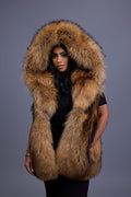 Women's It Raccoon Fox Fur Vest With Hood [Natural]