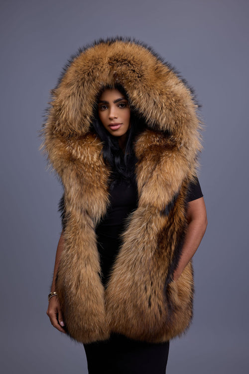 Women's It Raccoon Fox Fur Vest With Hood [Natural]