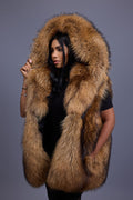 Women's It Raccoon Fox Fur Vest With Hood [Natural]