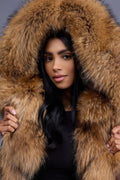 Women's It Raccoon Fox Fur Vest With Hood [Natural]