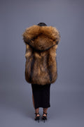 Women's It Raccoon Fox Fur Vest With Hood [Natural]