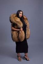 Women's It Raccoon Fox Fur Vest With Hood [Natural]