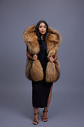 Women's It Raccoon Fox Fur Vest With Hood [Natural]
