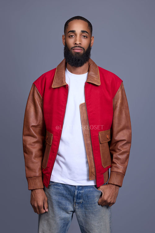 Men's Wool And Leather Pilot Jacket [Red/Caramel Crunch]