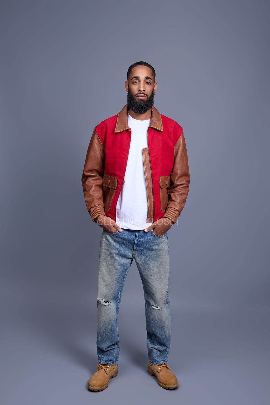 Men's Wool And Leather Pilot Jacket [Red/Caramel Crunch