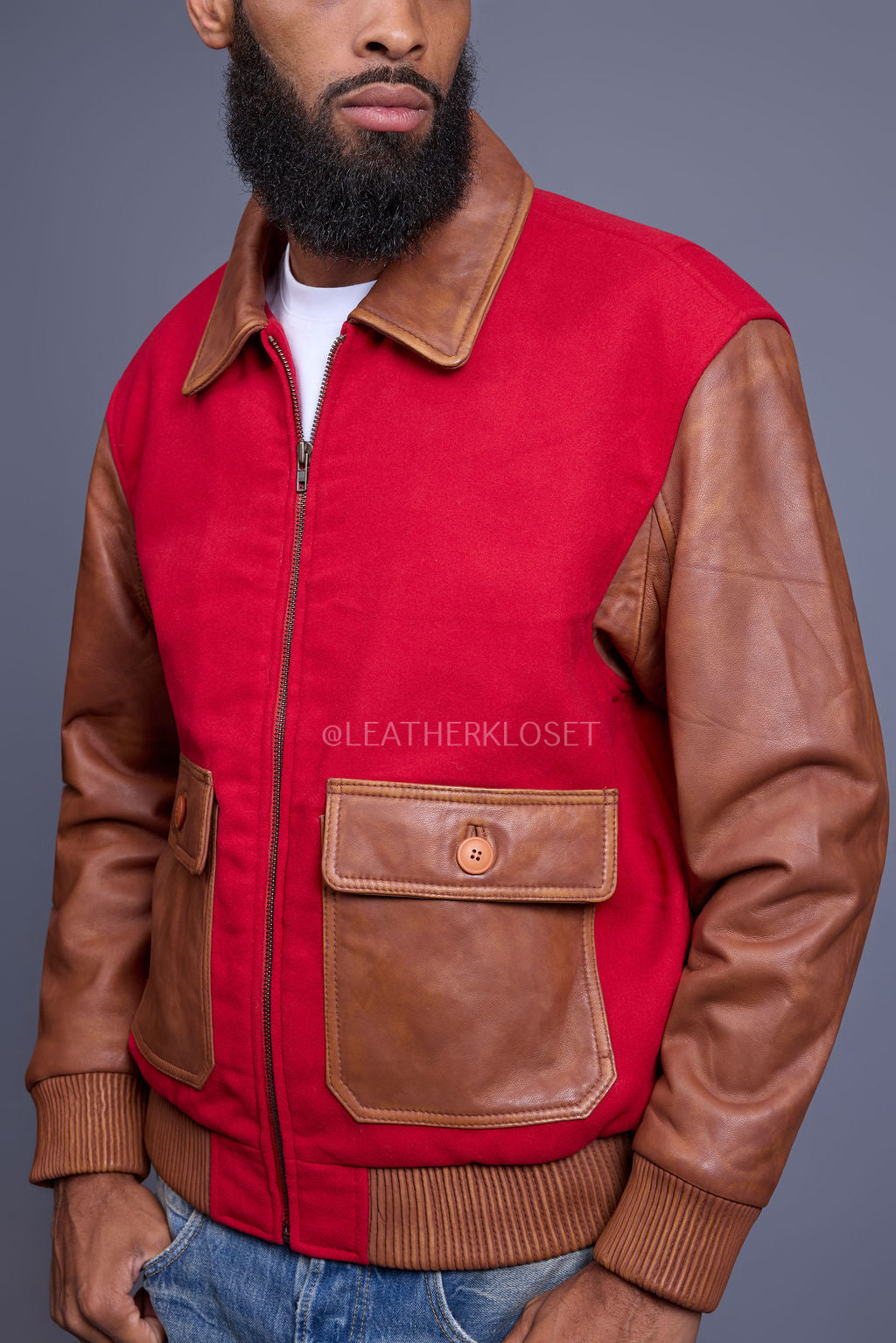 Men's Wool And Leather Pilot Jacket [Red/Caramel Crunch