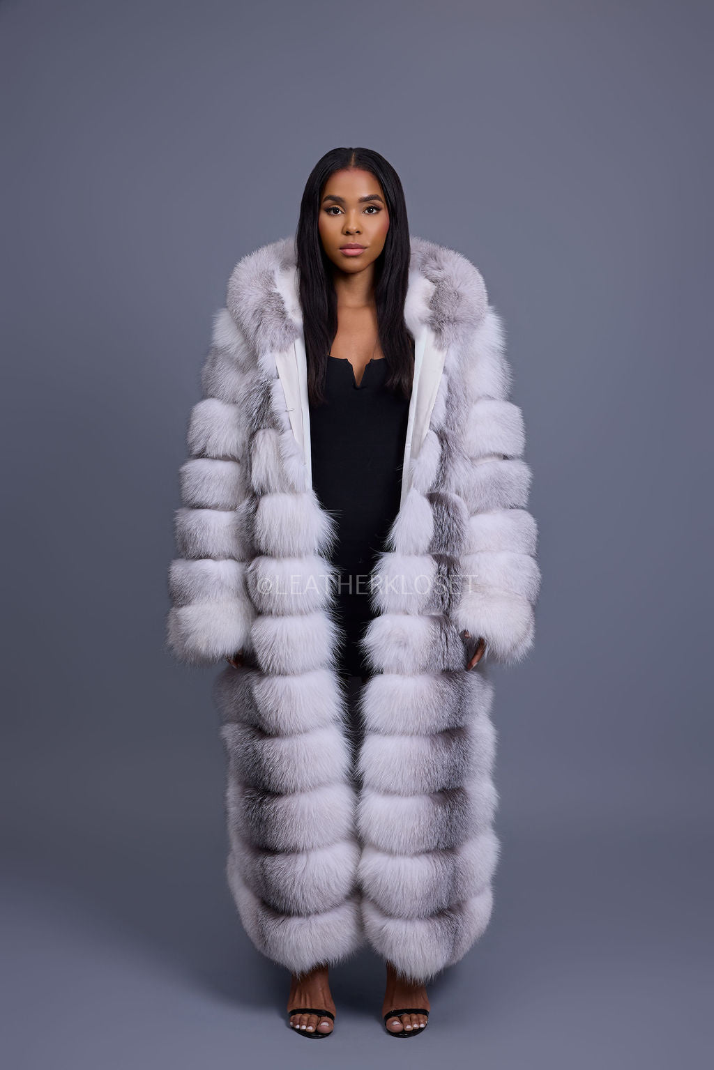 Women's Destiny Long Length Fox Fur Trench Coat With Hood [Arctic]